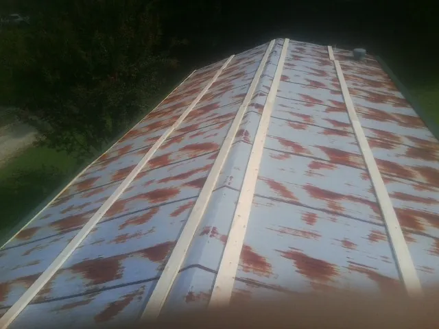 Rusted metal roof panels with new wood purlins before replacement — Storm Damage Roof Repair in Quinby by Roofing Brothers