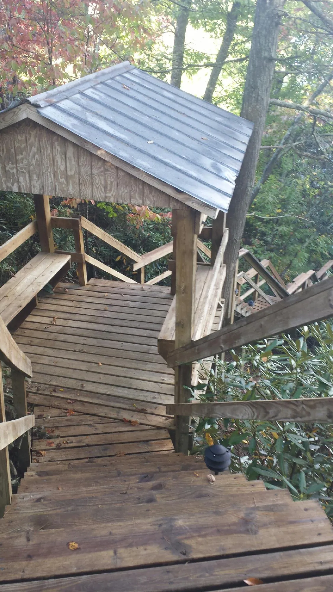 Metal roofed shelter over wooden steps on a wooded walkway — Skylight Repair & Installation work by our crew in Quinby